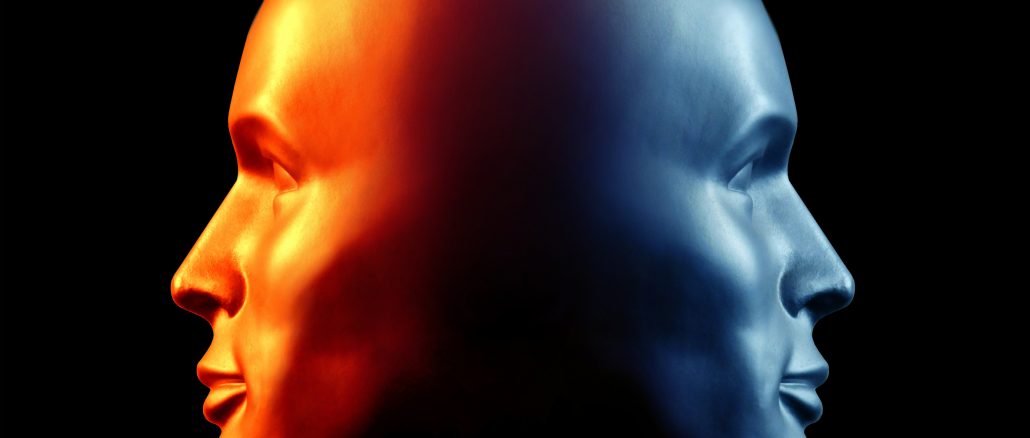 Two-faced head statue suggesting extremes or split personality. Fire & Ice.
